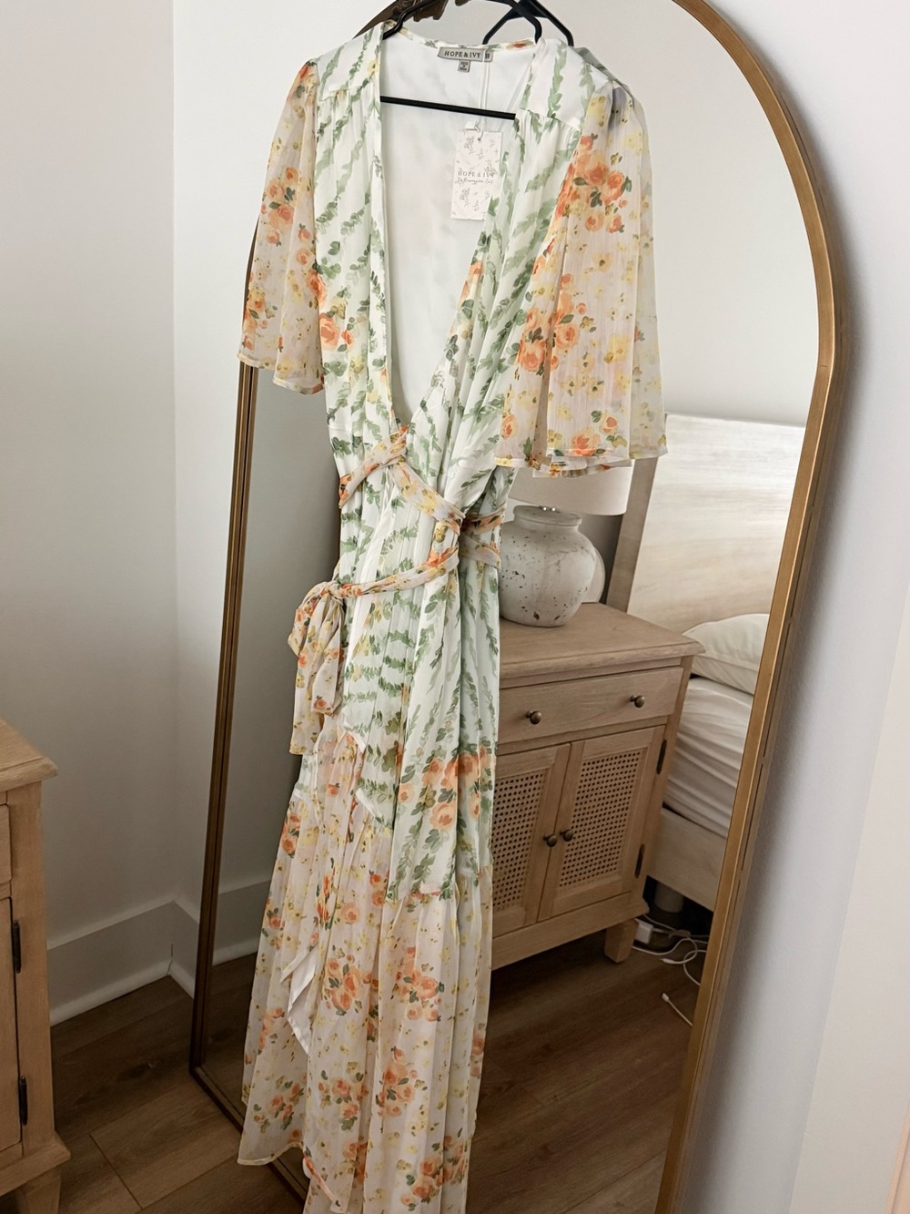 Hope & Ivy Floral Wrap Maxi Dress in Cream, Green, and Peach